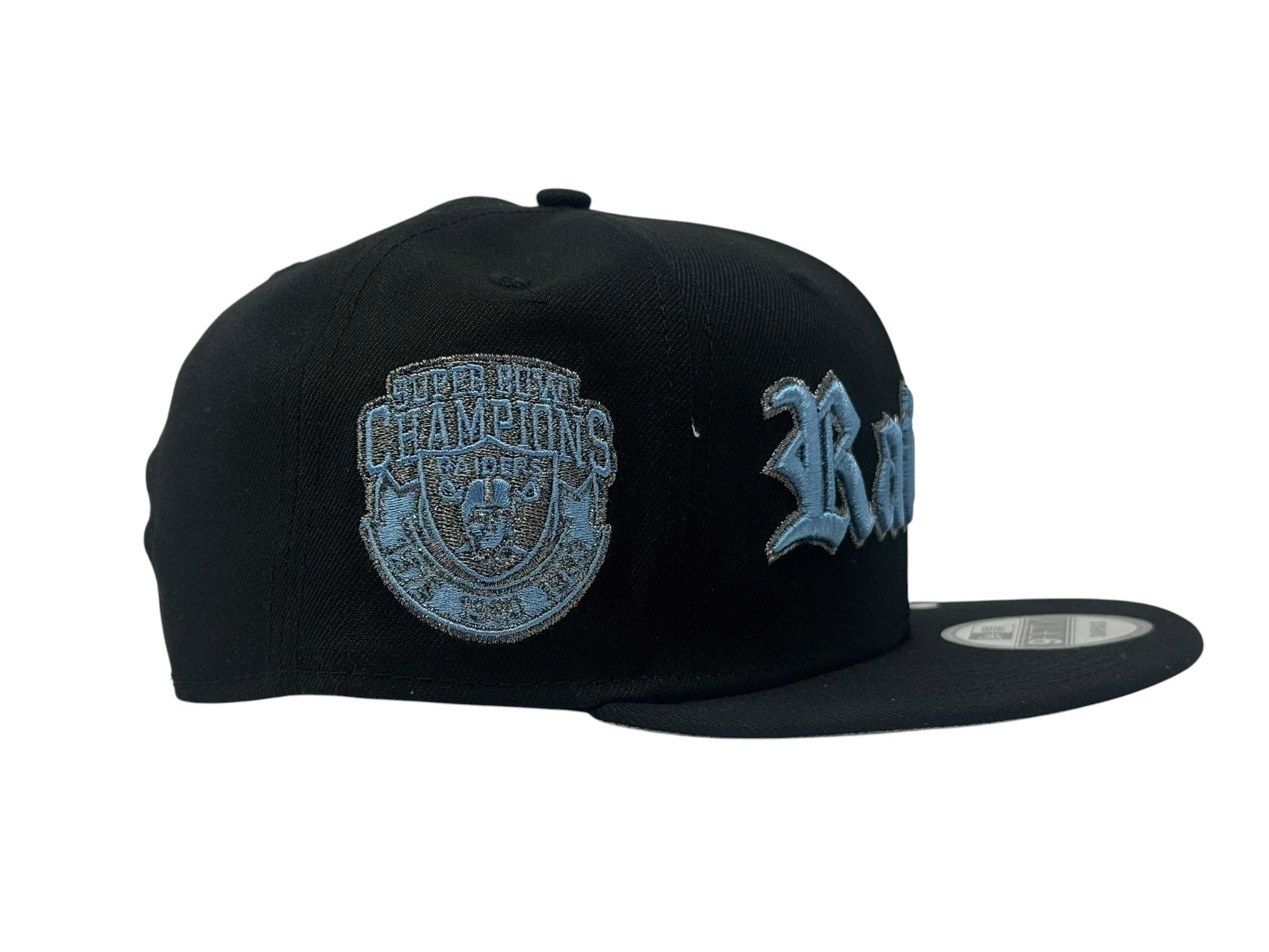 Oakland Raiders 3X Super bowl Champ 9Fifty New Era Snapback Hats Black/ Sky