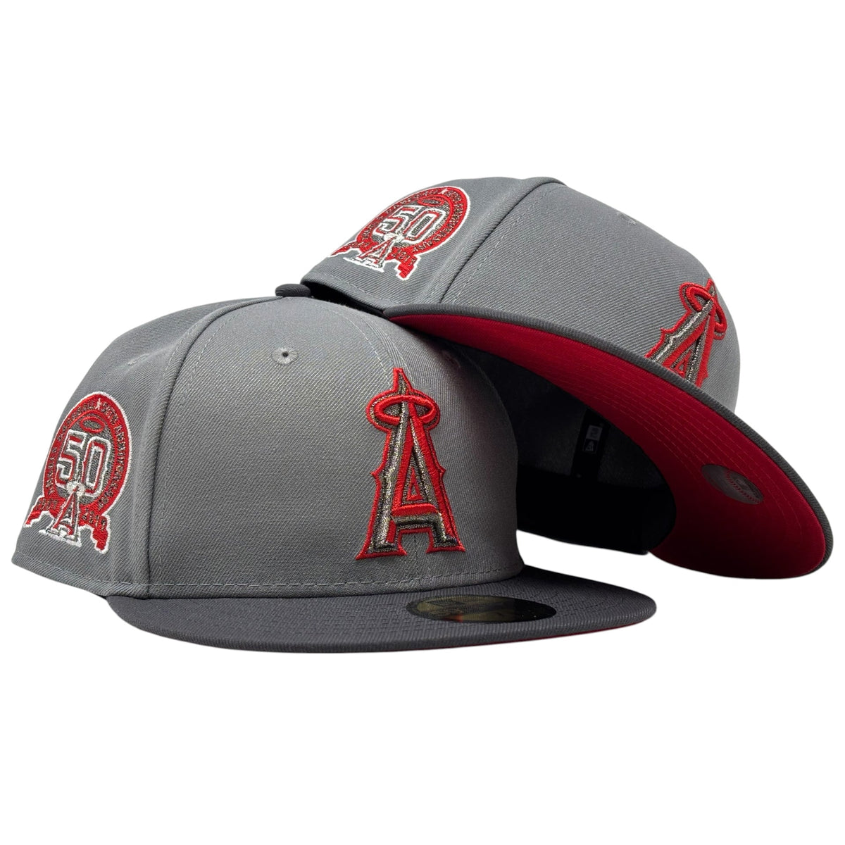 Los Angeles Angels 50th Anniversary Red Brim Fitted Hats-Gray