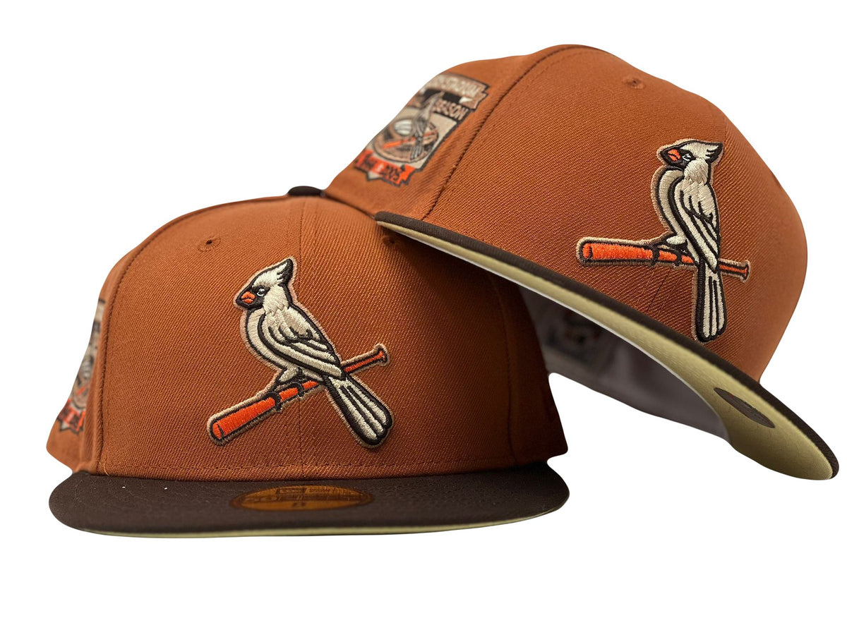 ST. LOUIS CARDINALS BUSCH STADIUM FINAL SEASON RUST ORANGE BROWN VISOR VEGAS GOLD BRIM NEW ERA FITTED HAT