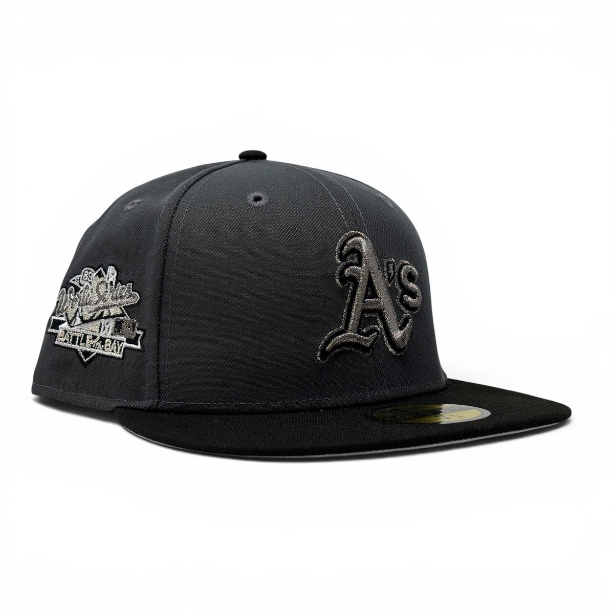 Oakland Athletics 1989 World Series Metallic Logo Fitted Hat- Dark Gray Black