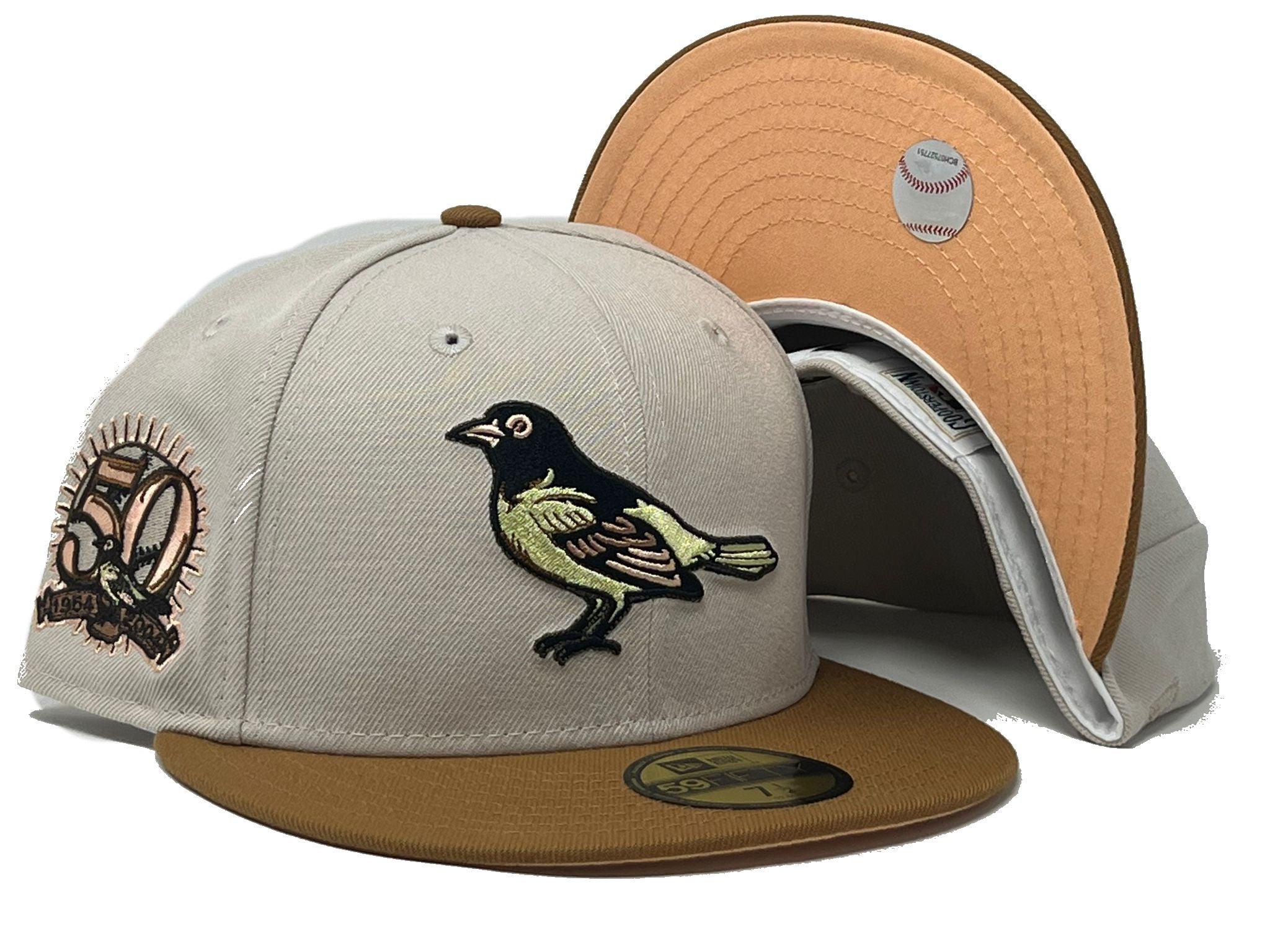 Baltimore Orioles 50th Anniversary Stone Camel Visor Peach Brim New Era Fitted Hat