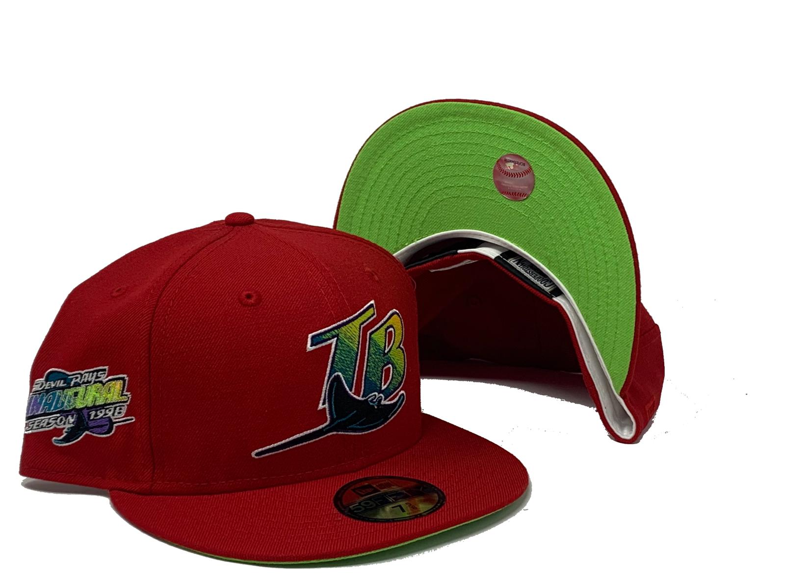 TAMPA BAY DEVIL RAYS 1998 INAUGURAL SEASON RED NEON GREEN BRIM NEW ERA FITTED HAT