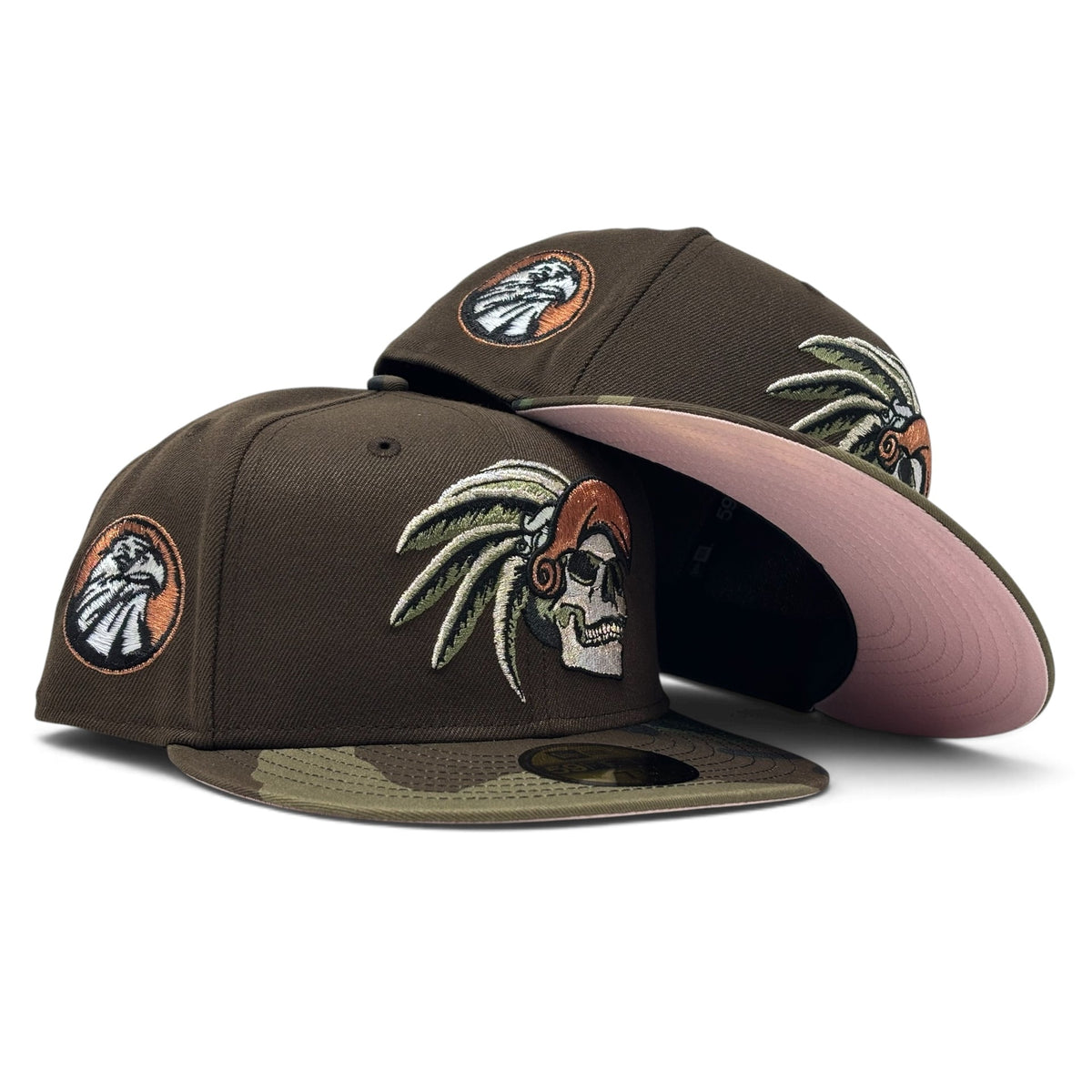 Aztec Skull Warriors Pink Brim New Era Fitted Hat-Brown Woodland Camouflage