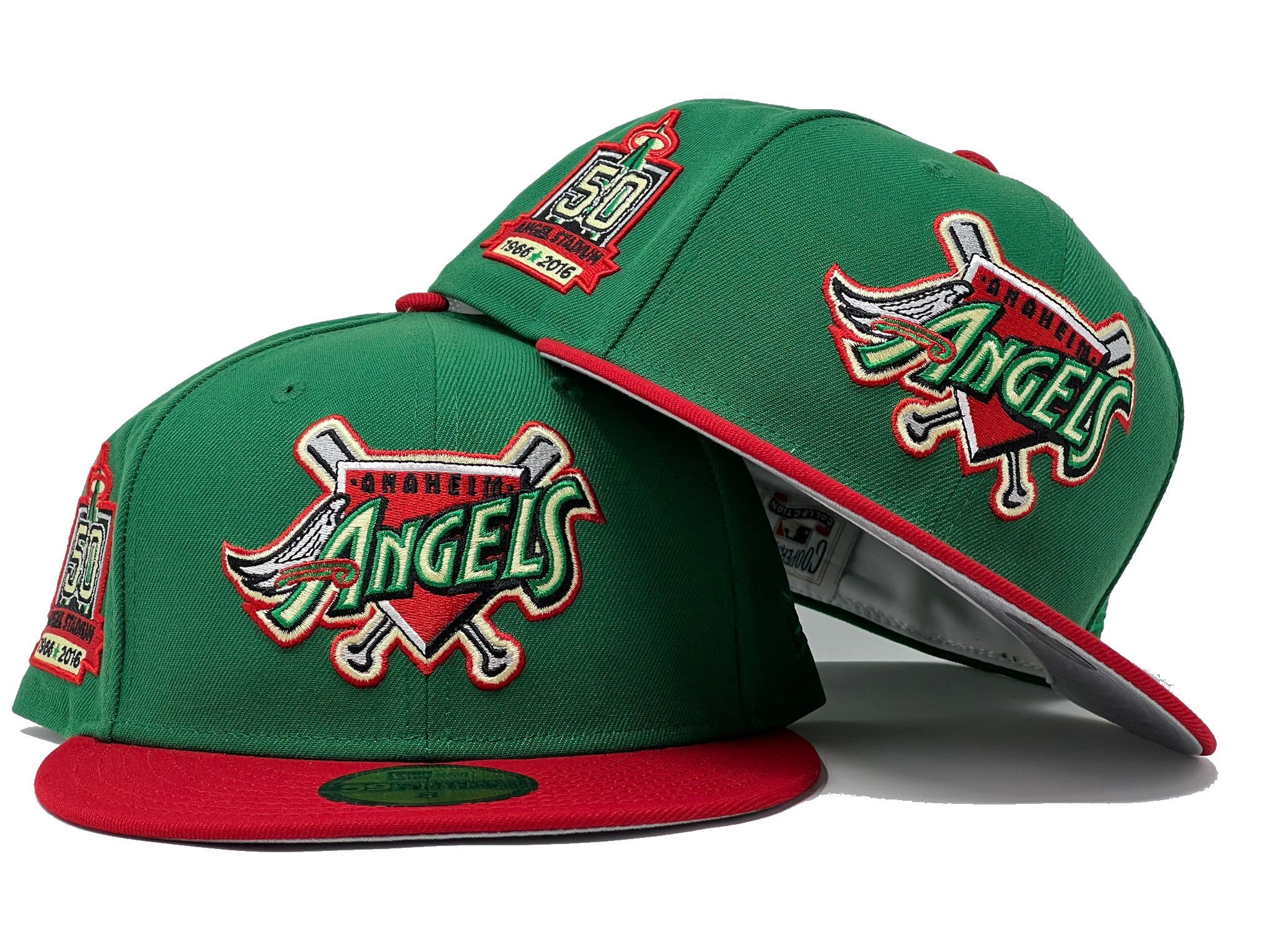 Angels 50th Annivesary "XMAS COLLECTION" Green Red Visor Gray Brim New Era Fitted Hat
