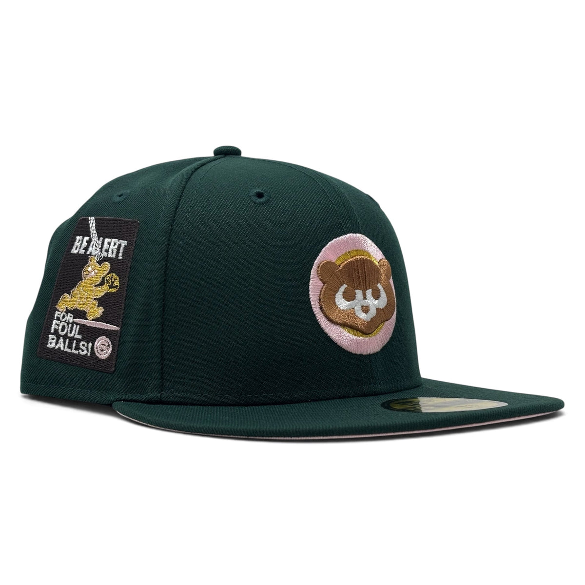 Chicago Cubs Be Alert Foul Ball Pink Brim 59Fifty New Era Fitted Hats-Green
