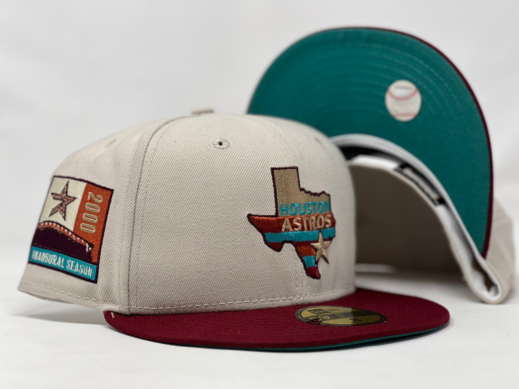 HOUSTON ASTROS 2000 INAUGURAL SEASON CHROME BURGUNDY VISOR TEAL BRIM NEW ERA FITTED HAT
