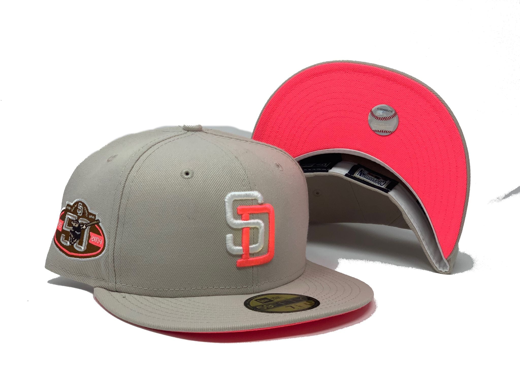SAN DIEGO PADRES 50TH ANNIVERSARY STONE NEON PINK BRIM NEW ERA FITTED HAT