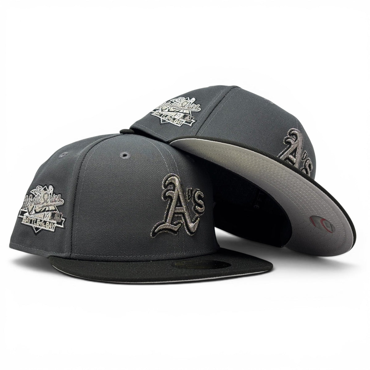 Oakland Athletics 1989 World Series Metallic Logo Fitted Hat- Dark Gray Black