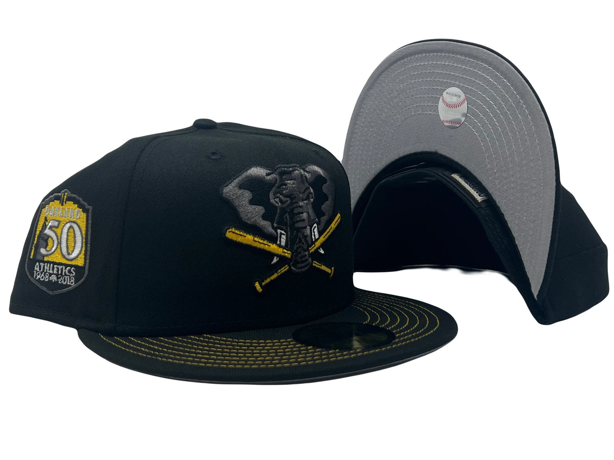 OAKLAND ATHLETICS 50TH ANNIVERSARY "VISOR STITCH" GRAY BRIM NEW ERA FITTED HAT