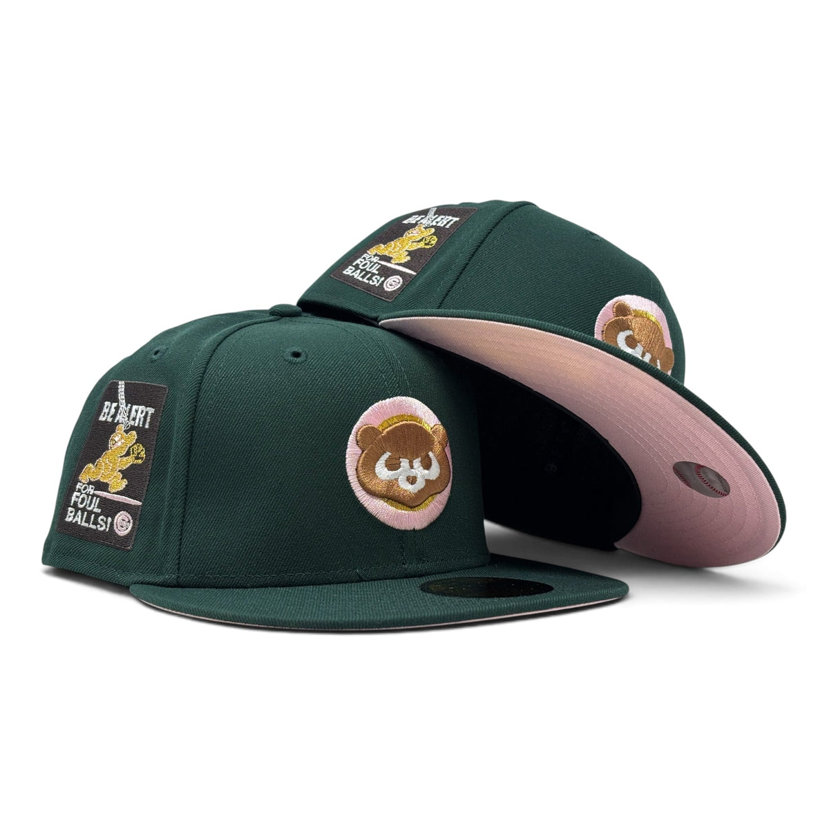 Chicago Cubs Be Alert Foul Ball Pink Brim 59Fifty New Era Fitted Hats-Green