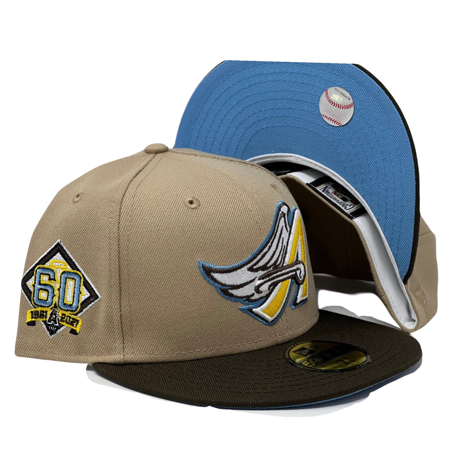 Anaheim Angels 60th Anniversary Camel Brown Visor Sky Blue Brim New Era Fitted Hat