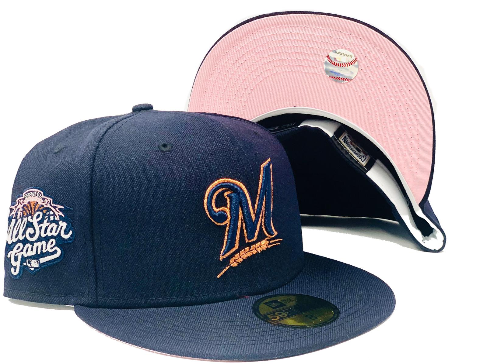 MILWAUKEE BREWERS 2002 ALL STAR GAME NAVY PINK BRIM NEW ERA FITTED HAT