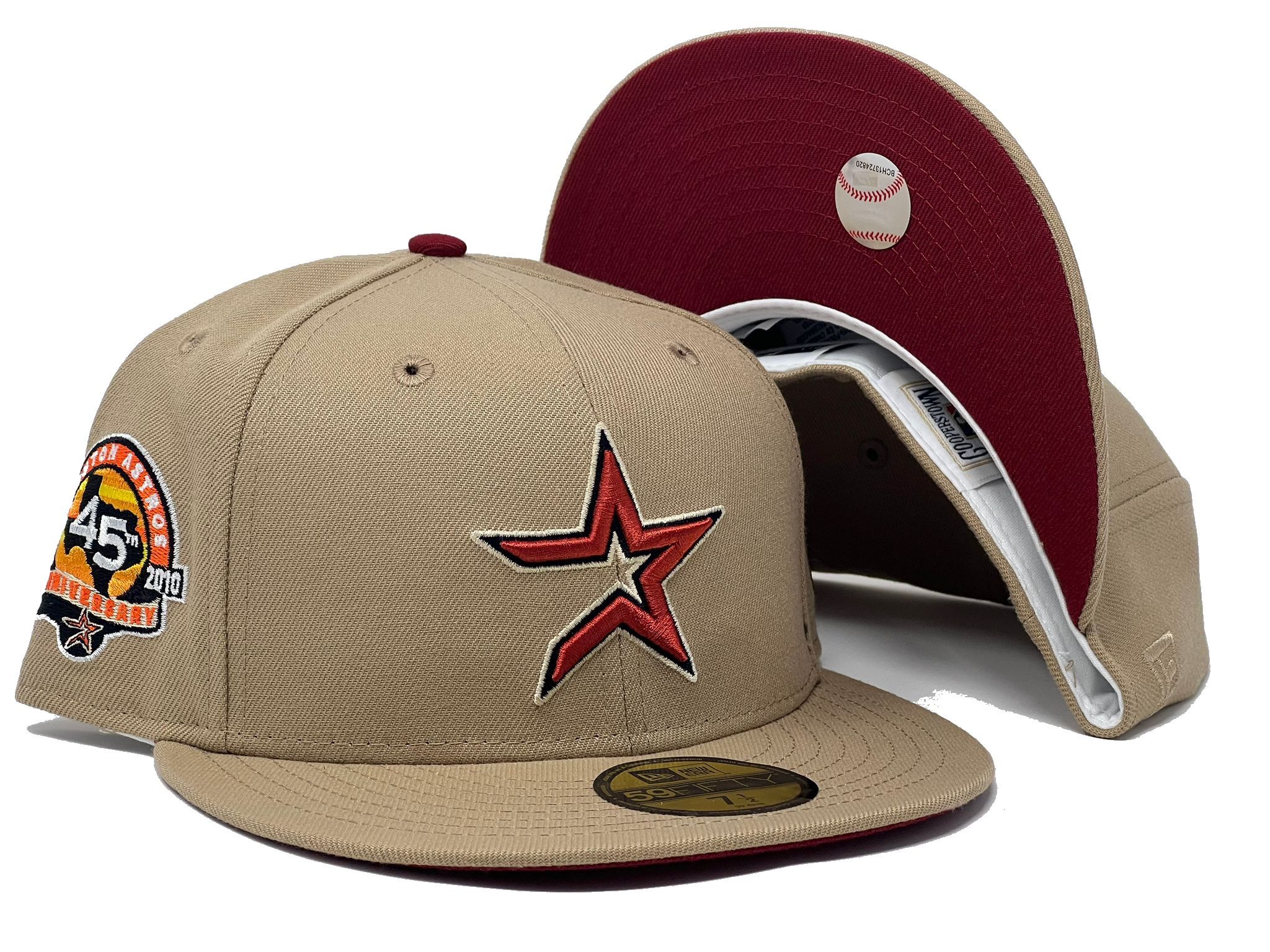 HOUSTON ASTROS 45TH ANNIVERSARY CAMEL BURGUNDY BRIM NEW ERA FITTED HAT