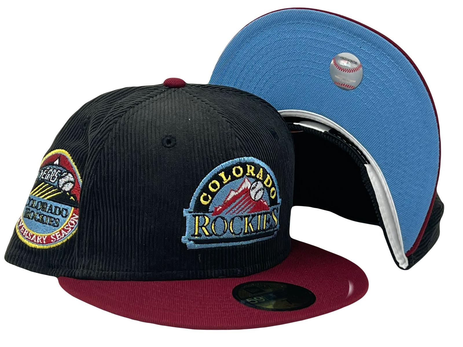 COLORADO ROCKIES 10TH ANNIVERSARY BLACK CORDUROYICY BURGUNDY VISOR ICY BRIM NEW ERA FITTED HAT