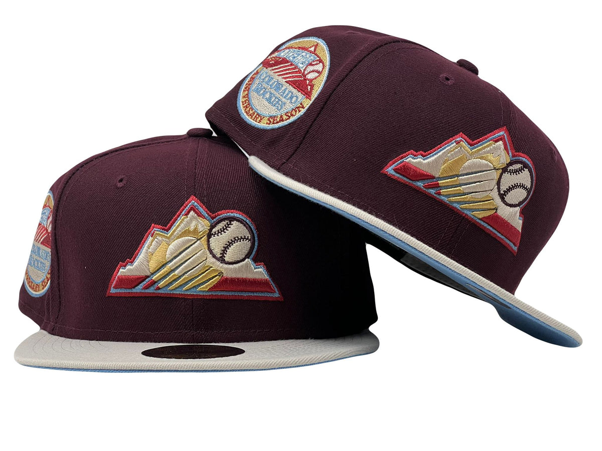 Colorado Rockies 10th Anniversary Maroon Stone Visor Icy Brim New Era Fitted Hat
