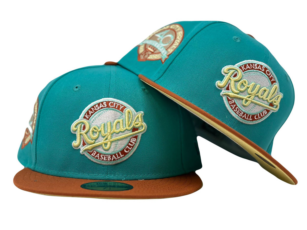 Kansas City Royals 40th Anniversary Aqua Green Rust Orange Visor Butter Popcorn Brim New Era Fitted Hat