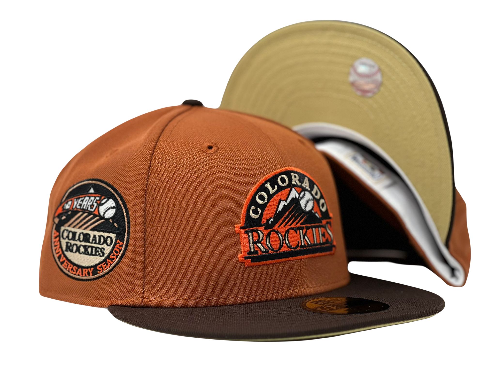Colorado Rockies 10th Anniversary Rust Orange Brown Visor Vegas Gold Brim New Era Fitted Hat